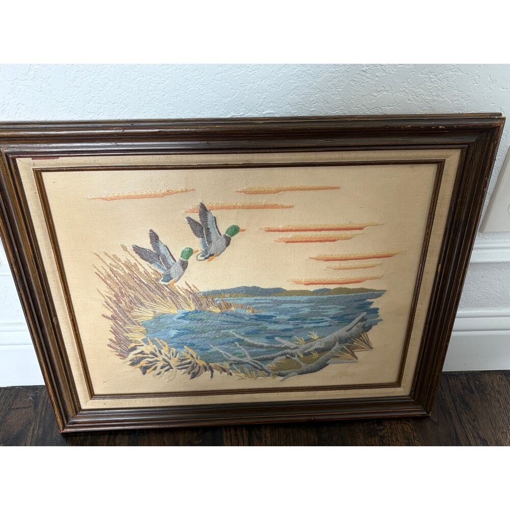 Vintage Framed Embroidery "Mallards in the Wind" Fredrix Canvas 1970s